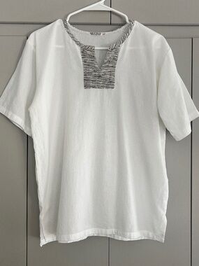 White Thai Cotton Split V-Neck Woven Trim Short Sleeve Resort Top L